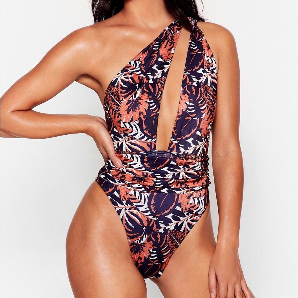 Nasty Gal Just Add Water Leaf One Shoulder Swimsuit